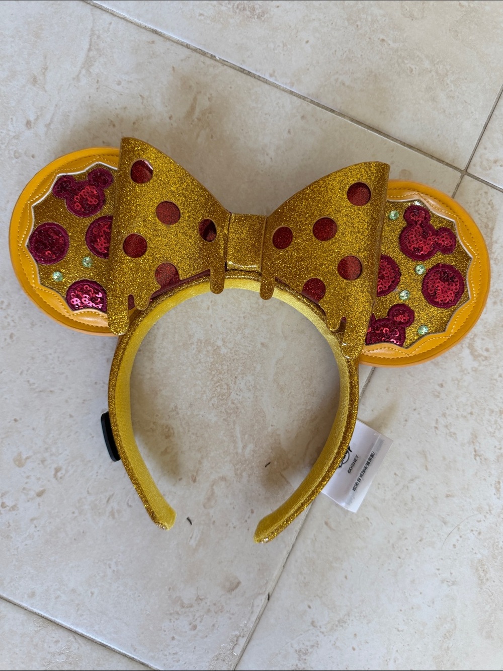 Disney Pizza Gold Glitter Minnie Bow Ears Headband with Pink Sequin Accents